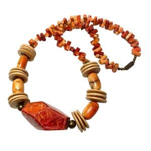 Vintage Carved Apple Coral Natural Coconut Beaded Statement Necklace About 22"